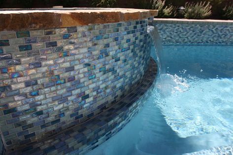 Iridescent blue 1” X 2” glass tile surrounds the pool and raised spa, on the rai - Modern - Pool - Las Vegas - by Paragon Pools Raised Spa Tile Ideas, Spa Tile Ideas, Pool House Ideas Backyards, Glass Subway Tile Backsplash, Spa Tile, Tile Pool, Pool House Ideas, Glass Pool Tile, Swimming Pool Photos