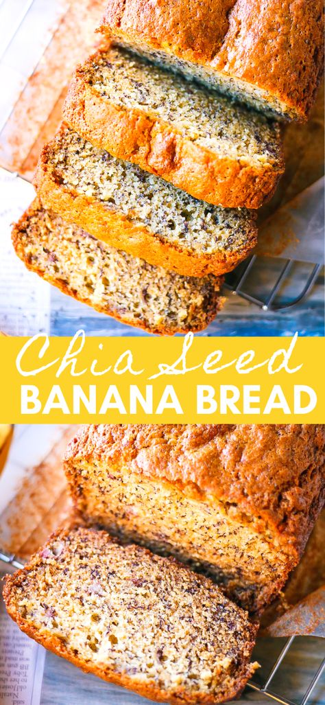 Delicious Chia Seed Banana Bread Recipe - super moist and loaded with delicious sweet flavor of mashed bananas and chia seeds. It is ridiculously delicious! Baked Chia Seed Recipes, Chia Cookie Recipes, Chia Seed Baking, Banana Bread Recipe Chia Seeds, Banana Bread Chia Seeds, Chia Seed Baking Recipes, Recipes With Chai Seeds, Banana Bread With Chia Seeds, Banana Chia Bread