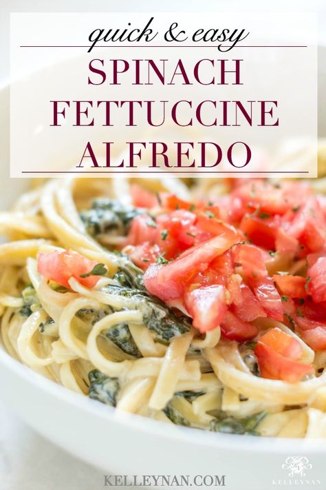 Spinach Fettuccine Alfredo Recipe: An Easy & Under 30 Weeknight Meal Veggie Fettucini Pasta, Christmas Fettucine Alfredo, Fettuccine Alfredo With Spinach, Chicken Spinach Fettuccine Alfredo, Spinach Fettuccine Recipes, Fettucine Recipes, Alfredo Pasta With Spinach, Chicken Alfredo With Spinach, Spinach Fettuccine Alfredo