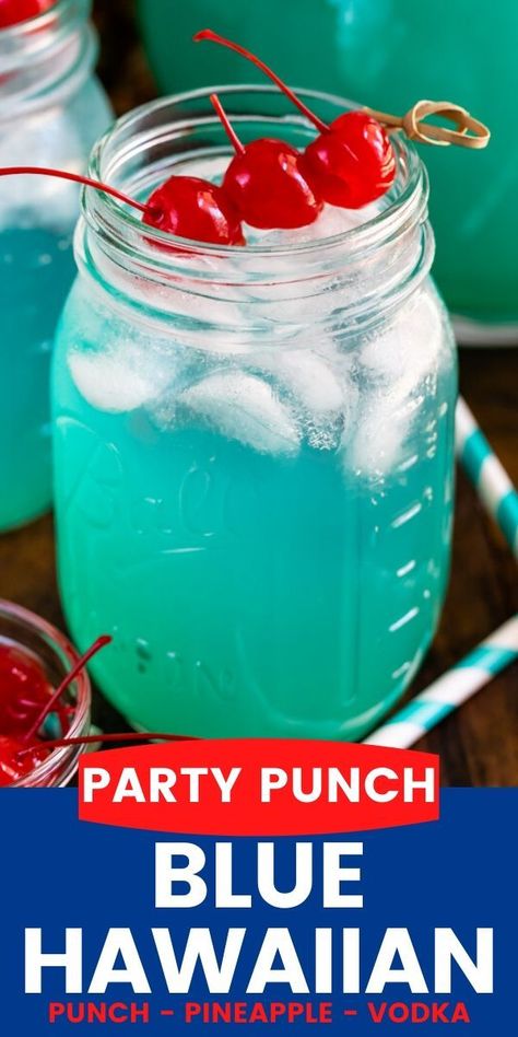 Blue Hawaiian Party Punch is everyone's favorite cocktail! This easy drink has 3 ingredients - Vodka, Pineapple, and Hawaiian Punch - and it's the perfect drink to serve for the 4th of July! Blue Punch Recipe Alcohol, Blue Alcoholic Punch, Blue Hawaiian Drink Recipe, Hawaiian Party Punch, Vodka Punch Recipes Parties, Tropical Punch Recipe, Blue Hawaiian Drink, Blue Punch Recipe, Boat Snacks