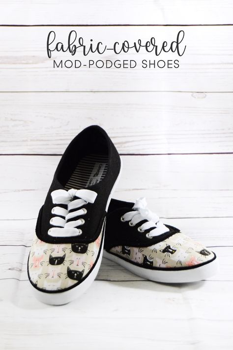 Fabric Covered Shoes Diy, Modge Podge Fabric, Fabric Covered Shoes, Diy Glitter Shoes, Mod Podge Projects, Mod Shoes, Mod Podge Crafts, Homemade Bath, Easy Fashion