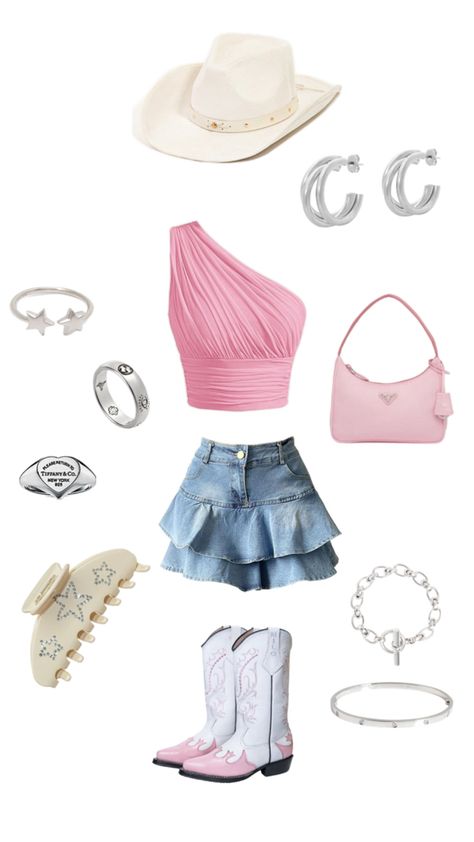 Pretty pink top and a denim skirt with cowboy boots and silver jewellery Pink Cowgirl Aesthetic, Cowgirl Outfit, Cowgirl Rodeo, Cowgirl Aesthetic, Rodeo Outfits, Pink Cowgirl, Nashville Outfits, Cowgirl Outfits, Pink Outfits