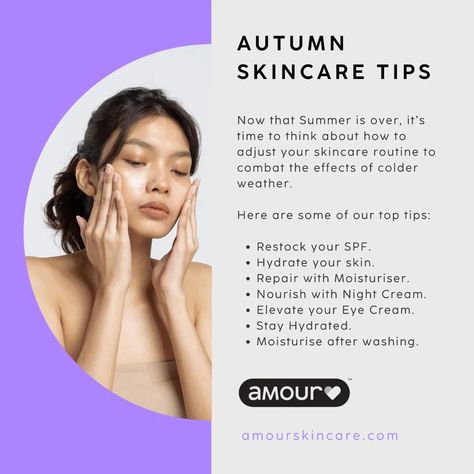 💜 AUTUMN SKINCARE TIPS 💜 Now that Summer is over, it’s time to think about how to adjust your skincare routine to combat the effects of colder weather. Here are some of our top tips: 💜 Restock your SPF. 💜 Hydrate your skin. 💜 Repair with Moisturiser. 💜 Nourish with Night Cream. 💜 Elevate your Eye Cream. 💜 Stay Hydrated. 💜 Moisturise after washing. Order your skincare today! 💜 www.amourskincare.com #skincare #skincareuk #skincareproducts #skincareprofessional #amourskincare #amournoirskinc... Autumn Skincare, Diy Skincare, Skin Repair, Skincare Tips, Stay Hydrated, Night Cream, Night Creams, Over It, Eye Cream