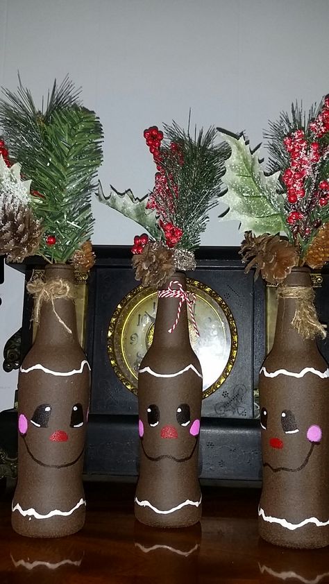 Gingerbread Men Bottles Nutcracker Wine Bottle Diy, Gingerbread Wine Bottle, Gingerbread Wine Bottle Diy, Gnome Bottle Topper Diy, Wine Bottle Santa Claus, Holiday Wine Bottle Crafts, Christmas Theme Bottle Art, Holiday Wine, Painted Wine Bottles