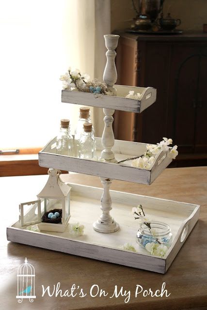 You've likely been to the home décor stores and seen all the cute little three-tiered trays. Some are round, some are rectangular. Some a... Three Tiered Tray, Diy Tiered Tray, Tiered Tray Diy, Diy Tray, Hemma Diy, Tray Diy, Diy Vanity, Homemade Decor, Tiered Stand