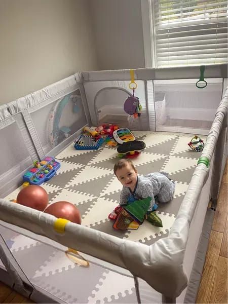 The biggest & best playpen & mat for inside pen you’ll ever need!!! He can be totally safe in here, I can get in and out easily, & there is such peace of mind! #LTKGiftGuide #LTKfamily #LTKbaby Baby Play Pin, Home Daycare Ideas, Playpen Baby, Baby Play Areas, Play Pen, Baby Playroom, Baby Playpen, Toddler Stuff, Baby Room Inspiration