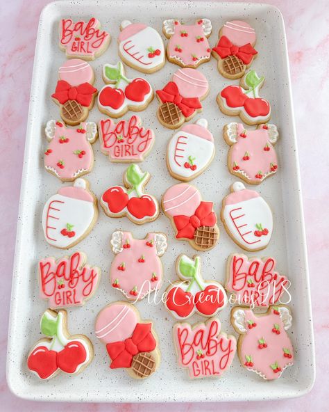 Cherries baby shower cookies 🍒🍼 Pricing? 👉🏻 https://msha.ke/alecreations918 • • • • #alecreations918 #tulsasmallbuisness #tulsaoklahoma #decoratedsugarcookies #customcookies #cookie #cookies #decoratedcookies #inspirationcookies #cookiesofinstagram #desserts #dessertideas #dessertideas #partyideas #party #sugarcookies #royalicing #royalicingcookies #cookies #cookiesideas #royalicingideas #cherriescookies #cherriescookery #cherriesbabyshower #cherriesbaby #cherriesparty #cherriesdessert #cherr... Cherry Baby Shower Ideas, Cherry Themed Baby Shower Ideas, Top Baby Shower Themes, Sweet Baby Shower Ideas, Girl Shower Themes, Cherry Cookies, Cherry Baby, Shower Cookies