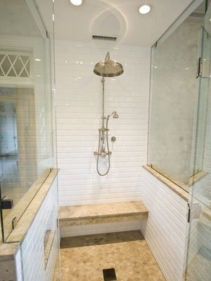 Tired of the travertine you have in your house? Ready for lighter look without having to change all that tile? Here's your answer. Travertine Tile Bathroom, Doorless Shower Design, Travertine Shower, Travertine Bathroom, Doorless Shower, Subway Tile Showers, Subway Tiles Bathroom, Travertine Floors, Shower Fixtures