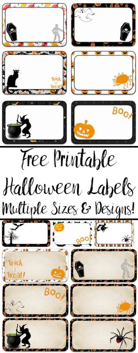 Free Printable Halloween Labels. Multiple sizes (2" x 1"; 3" x 1 &1/2"; and 3" x 2"), multiple designs. Great for labeling food, drinks, favors, etc. Free Halloween Food Labels Printables, Halloween Party Food Labels Printable, Halloween Food Tags, Halloween Food Labels Printable, Halloween Labels Printable Free, Halloween Food Labels, Printables Organizational, Halloween Labels Free, Printable Food Labels