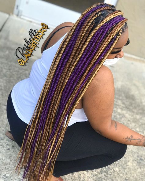 #TheSLAUGHTERGirl on Instagram: “Peanut Butter & Jelly VIBEZ 💜🧡💛 on the gorgeous @touchbynell ! ⠀ 𝐁𝐨𝐨𝐤 𝐭𝐡𝐢𝐬 𝐬𝐭𝐲𝐥𝐞 𝐮𝐧𝐝𝐞𝐫: Large Knotless Box Braids - Additional $10 for non-…” Large Color Knotless Braids, Two Colored Box Braids, Medium Box Braids With Color, Colors For Braids, Cornrows Locs, Elle Hairstyles, Colorful Box Braids, Color Box Braids, Box Braids With Color