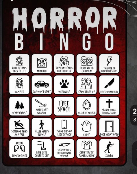 Horror Movie Games, Horror Movie Bingo, Horror Game Ideas, Bingo Movie, Movie Bingo, Movie Games, Horror Movie Night, Friend Party, Clue Party