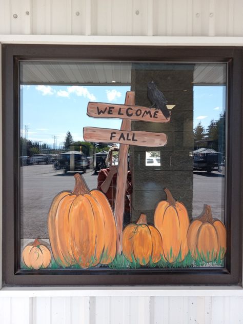 Autumn Painted Windows, Easy Fall Window Painting, Autumn Crafts Kids Preschool, Fall Window Drawing, Bakery Window Art, Autumn Window Painting Ideas, Fall Window Art Painting, Fall Window Painting Store Fronts, Fall Window Painting Ideas Easy