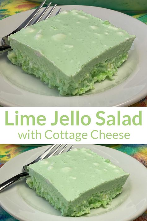 Collage of Lime Jello Salad with Cottage Cheese on a plate Lime Green Jello Salad Cottage Cheese, Lime Jello Salad With Cottage Cheese, Lime Jello Salad With Cream Cheese, Congealed Salad Recipes Simple, Lime Jello Salad Recipes, Lemon Lime Jello Salad, Beef Srew, Jello Salad With Cream Cheese, Jello Salad With Cottage Cheese