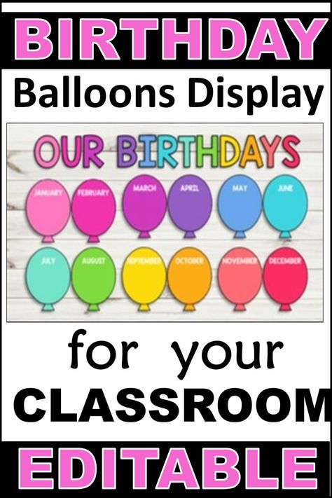 Use this simple yet fun & colorful display to celebrate your students' birthdays throughout the year. Designed in the vibrant Rainbow Brights color scheme, these balloons are sure to boost the sense of classroom community and belonging when students can see their special day on the display. Classroom Birthdays Display, Birthday Bulletin Boards Free Printables, Birthday Signs For Classroom, Birthday Bulletin Boards Preschool Free Printable, Preschool Birthday Board Ideas, Preschool Birthday Board, Birthday Display In Classroom, Preschool Birthday, Room Crafts