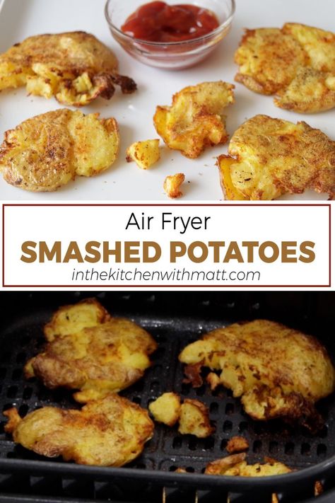 Several smashed potatoes in the air fryer basket and on a plate. Air Fried Smashed Potatoes, Air Fryer Smashed Red Potatoes, Smashed Mini Potatoes Air Fryer, Pan Fried Smashed Potatoes, Crispy Smashed Potatoes Allrecipes, Holiday Meal Planning, Smashed Potatoes Recipe, Smashed Potatoes, How To Cook Potatoes