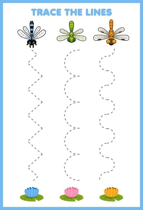 Education game for children handwriting practice trace the lines with cute cartoon dragonfly flower picture printable bug worksheet Insects Preschool Worksheets, Dragonfly Worksheet, Dragonfly Activities, Cartoon Dragonfly, Bug Printable, Tk Ideas, Trace The Lines, School Kids Activities, Bug Activities