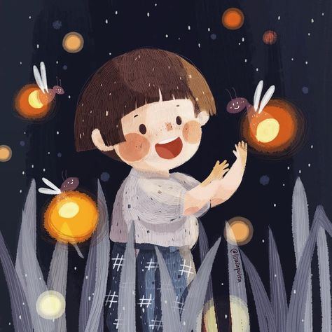 Firefly Art, Grave Of The Fireflies, Night Illustration, Watercolor Art Lessons, Summer Night, Miyazaki, Colorful Drawings, Graphic Design Posters, Anime Scenery