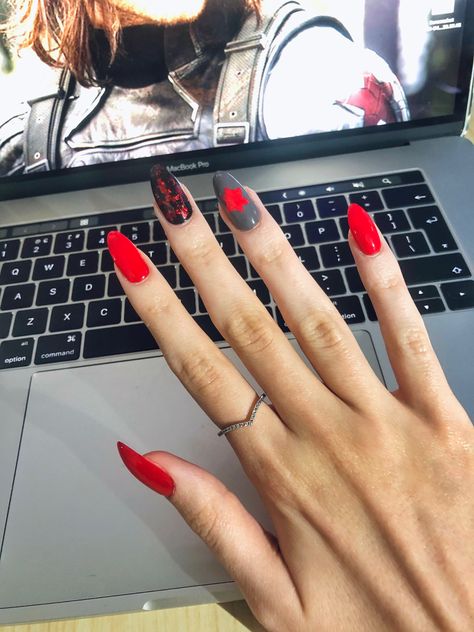 Marvel Themed Nails, Marvel Acrylic Nails, Bucky Barnes Nails, Marvel Inspired Nails, Winter Soldier Nails, Marvel Nails Designs, Marvel Nail Art, Orlando Nails, Avengers Nails