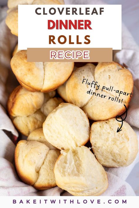 An overhead shot of a basket of fluffy cloverleaf dinner rolls. Cloverleaf Dinner Rolls, Dinner Rolls Recipe Easy, Rolls Thanksgiving, Rolls Recipe Easy, Homemade Yeast Rolls, Homemade Yeast, Frozen Rolls, Baked Rolls, Yeast Rolls