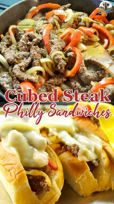 Philly cubed steak sandwiches recipe is an easy dinner recipe with Philly cheese steak flavors in onions, peppers, and cheese made fast with cubed steaks. Cube Steak Sandwich, Steak Flavors, Cubed Steaks, Philly Steak Sandwich, Philly Cheesesteak Sandwiches, Cheesesteak Sandwiches, Beef Cubed Steak, Philly Cheese Steak Sandwich, Crockpot Cube Steak