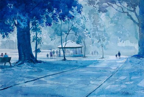 Painting Easy Watercolor, Landscape Painting Easy, Easy Watercolor Landscape, Watercolor Composition, Watercolor Landscape Tutorial, Monochrome Painting, Tone Art, Watercolour Landscape, Watercolor Video