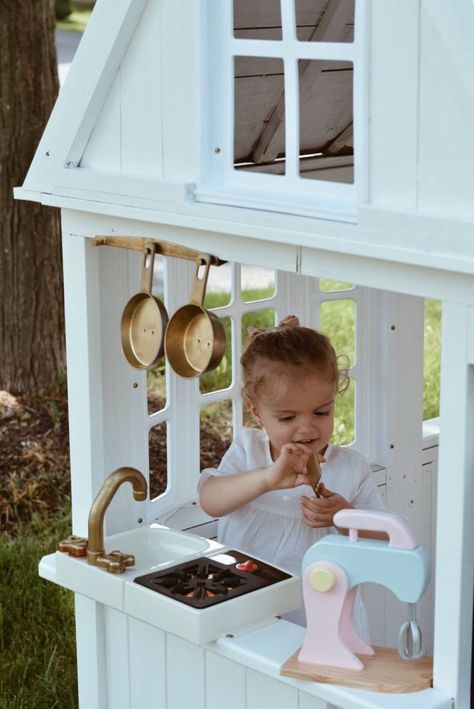 Costco Playhouse Hack - The Pink Dream Painted Outdoor Playhouse, Costco Playhouse, Outdoor Playroom, Playhouse Remodel, Simple Playhouse, Play Houses Diy, Outdoor Playhouse Ideas, Cedar Playhouse, Dream Playhouse