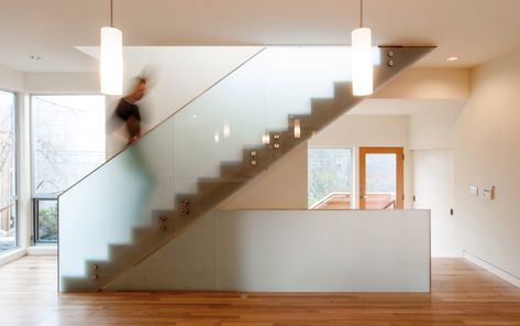 Madison Park Residence: Translucent Railing Glass Guardrail, Paint Stairs Diy, Stairs Handrail, Staircase Glass, Stair Nook, Spiral Stairs Design, Wrought Iron Stair Railing, Modern Stair Railing, Open Stairs