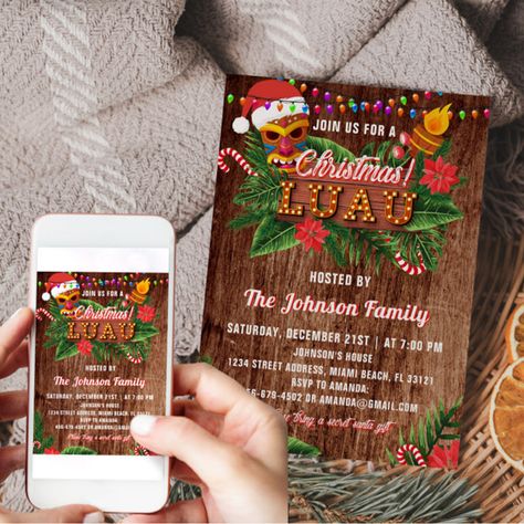 Christmas Luau Party, Christmas Luau, Caribbean Christmas, Luau Party Invitations, Christmas Tree Gifts, Tree Gifts, Hawaiian Christmas, Moana Party, Tropical Christmas