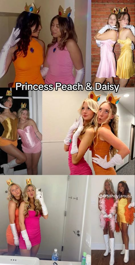 Daisy Mario Cart Halloween Costume, Princes Peach Costumes, Peach And Rosalina Costume, Princess Peach Halloween Costume Diy, Peach And Bowser Costume, Mario Princesses Costume, Princess Peach And Daisy Halloween, Minnie And Daisy Costume, Luigi And Daisy Costume