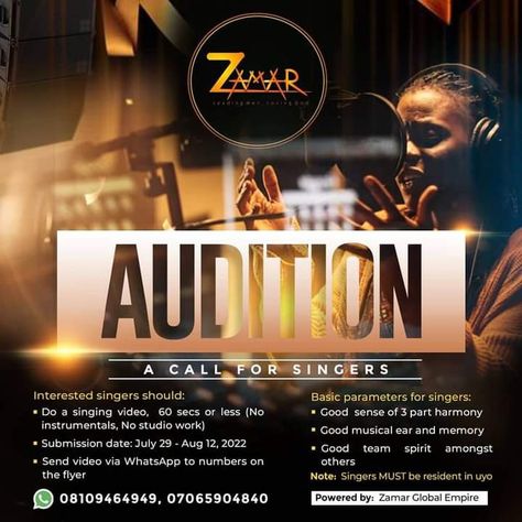 Music Audition Poster Design, Audition Poster Ideas, Audition Flyer Design, Audition Poster, Singing Auditions, Singing Training, Pubmat Ideas, Flyers Ideas, Casting Calls