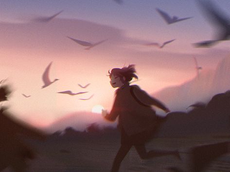 Running character sunset environment Anime Running Aesthetic, Running Aesthetic Drawing, Character In Environment, Running Illustration Drawings, Sunset Aesthetic Anime, Running Art Illustration, Running Character, Run Illustration, Character Running