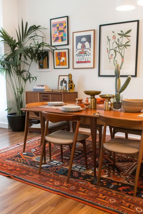 15 Ways to Create a Stunning Mid-Century Modern Dining Room – Everyday Inspo Dining Room Design Mid Century, Diy Mid Century Modern Table, Mcm Small Dining Room, Modern Mid Century Apartment, Mid Century Modern Living Dining Room, Cozy Mid Century Modern Kitchen, Cozy Mid Century Modern Dining Room, Mid Century Modern Eat In Kitchen, Dining Room Uses Alternative