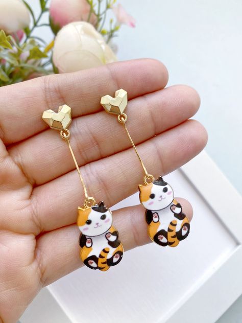 Simple Jewelry Earrings, Cute Calico Cat, Cat Earring, Kitten Earrings, Owl Cat, Light Jewelry, Cat Mom Gifts, Golden Earrings