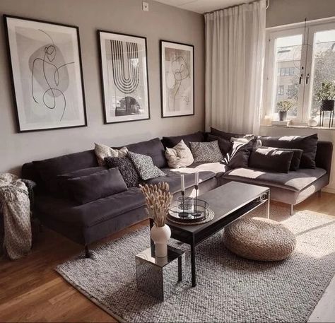 Dark Grey Sofa Living Room, Dark Grey Couch Living Room, Comfy Living Room Decor, Cozy Modern Living Room, Living Room Decor Farmhouse, Grey Sofa Living Room, Black Living Room Decor, Room Decor Cozy, Modern Apartment Living Room