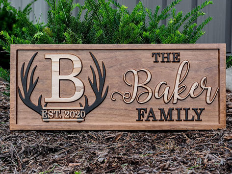 Personalized wood sign with 3D antlers! Great wedding gift, birthday, Father's Day, and housewarming. The sign carved from 3/4" Solid Pine and is made using a two tone stain finish that's finished with a sealer. Each sign includes a sawtooth hanger on the back for quick and easy hanging.
https://amzn.to/48KQQ0X Deer Hunting Signs, Cabin Signs Rustic, Deer Antler Monogram, Camp Signs, Laser Gifts, Deer Hunting Decor, Hunting Gifts For Men, Campsite Signs, Antler Monogram