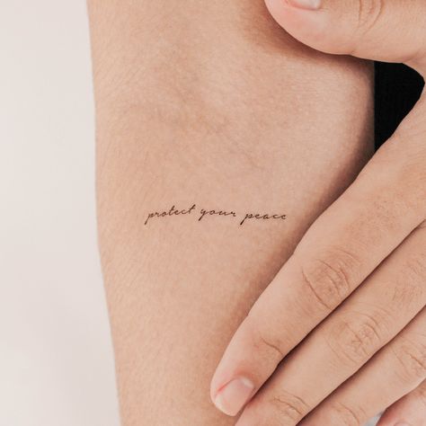 Protect your peace temporary tattoo. Set of three. Size: 1.7 in / 4.4 cm (width) This temporary tattoo is: * Safe & non-toxic * Fun for all ages * Free shipping in order over €10: FREESHIPPINGOVER10 * 20% off when you buy 3 items (+ Free Shipping ): THREE Temporary Small Tattoos last on average 2-5 days. We suggest placing on oil-free areas where skin does not stretch and keep them clean! Small Peace Tattoo, Free Indeed Tattoo, People Pleaser Tattoo, Protect Your Energy Tattoo, Protect Your Peace Tattoo, Still I Rise Tattoo, Fierce Tattoo, Middle Finger Tattoos, Wörter Tattoos