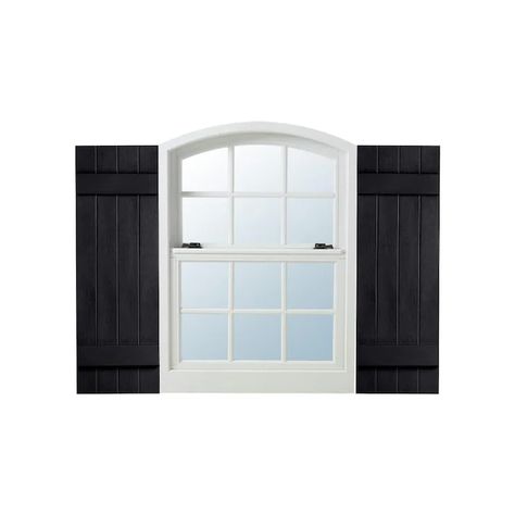 Alpha 2-Pack 14.31-in W x 39-in H Black Board and Batten Vinyl Exterior Shutters in the Exterior Shutters department at Lowes.com Raised Panel Shutters, Board And Batten Exterior, Shutter Colors, Vinyl Shutters, Board Batten, Board And Batten Shutters, Backyard Views, Vinyl Style, Vinyl Exterior