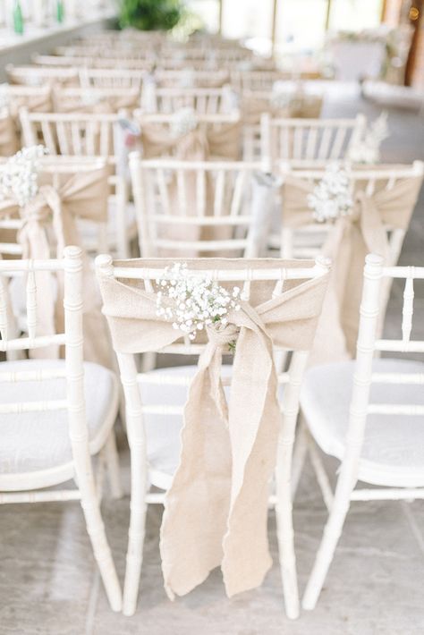 Hessian & Gypsophila Chair Decor | Sarah Jane Ethan Photography | http://www.rockmywedding.co.uk/charlotte-kevin/ Baby's Breath Wedding Flowers, Wedding Ceremony Chairs, Wedding Ceremony Seating, Watters Bridal, Decoration Evenementielle, Ceremony Chairs, Wedding Chair Decorations, Pastel Color Schemes, Ceremony Seating