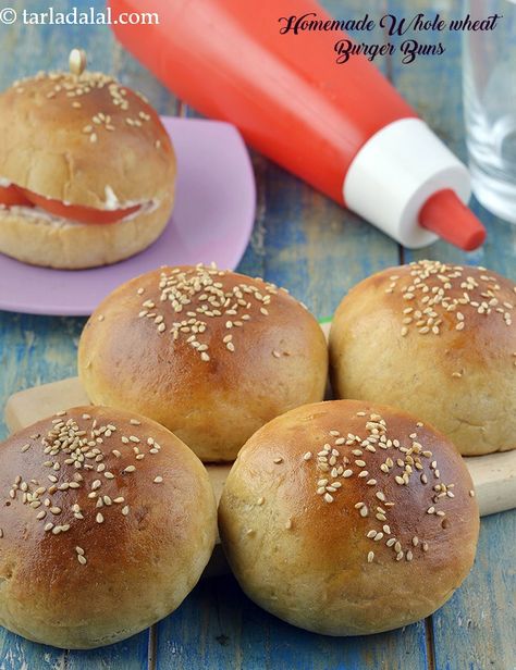 homemade whole wheat burger buns | 100% whole wheat burger buns | Indian eggless Milk Powder Recipes, Whole Wheat Burger Buns, Multigrain Bread Recipe, Recipe Using Milk, Burger Buns Recipe, Homemade French Bread, Burger Bun, Wheat Crackers, Crackers Recipe