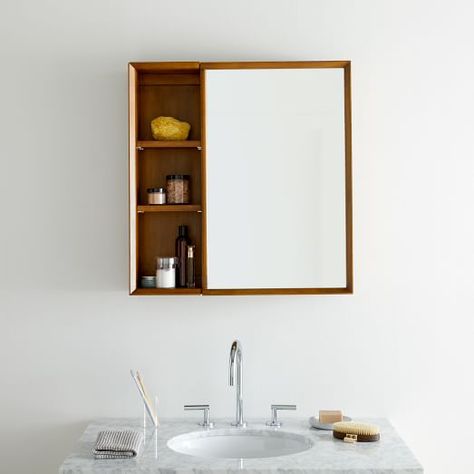 Bathroom Vibes, Bath Cabinet, Cabinet With Shelves, Entryway Cabinet, Mid Century Bathroom, Primary Bath, Open Cabinets, Stylish Curtains, Medicine Cabinet Mirror