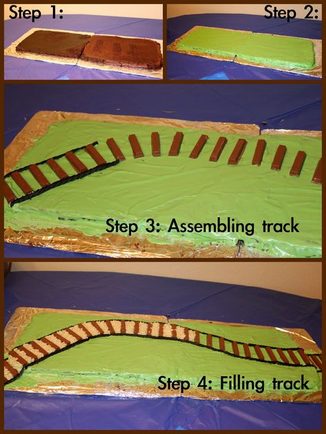 Base is two large flat brownies (4 mixes). After icing grass and making track, cover grass with green coconut. Nice! Thomas Train Cake, Thomas Birthday Parties, Thomas Cakes, Thomas The Train Birthday Party, Train Birthday Cake, Bike Cakes, Homemade Decorations, Train Birthday Party, Thomas Birthday