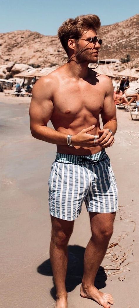 15 Swim Shorts You'll Need To Hit The Beach This Summer Mens Beach Style, Tall Men Fashion, Beach Outfit Men, Mens Summer Outfits, Mens Casual Outfits Summer, Beach Wear Men, Men's Swimwear, Mens Swim Shorts, Swimming Outfit