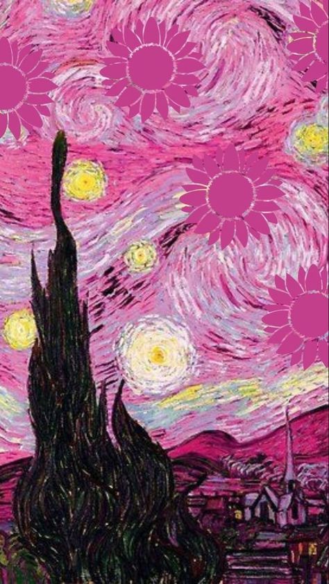 Pink Van Gogh Wallpaper, Pink Starry Night Wallpaper, Pink Starry Night Painting, Starry Night Painting Aesthetic, Starry Night Wallpaper Aesthetic, Pink Sunflowers Wallpaper, Night Aesthetic Background, Pink Van Gogh, Sunflower Wallpaper Aesthetic