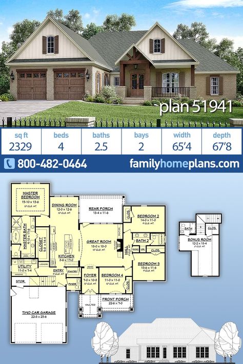 Country, Craftsman, Farmhouse, Traditional Style House Plan 51941 with 2329 Sq Ft, 4 Bed, 3 Bath, 2 Car Garage 4 Bedroom House Plans With Bonus Room Above Garage, 4 Bedroom House Plans With Garage, 4 Bedroom Rambler House Plans, 4 Bedroom House Plans Simple, Farmhouse Craftsman, Craftsman Modern, Craftsman Farmhouse, Bedroom Traditional, Country Craftsman