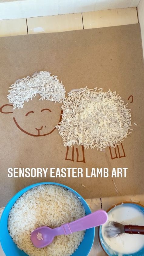 littleoneslearn on Instagram: 🐑SENSORY EASTER LAMB ART 🖌 Another lamb craft because they’re just too cute (and we love playing with our sensory rice). Set out glue and a… Crafts For Farm Animals, Rice Activities For Preschoolers, Mary Had A Little Lamb Craft, Chicken Preschool, Craft For Nursery, Playgroup Activities, Lamb Craft, Rice Art, Lamb Art