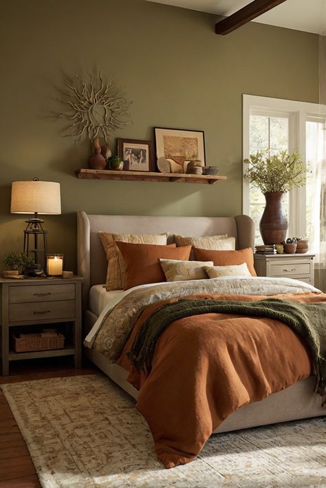 Fall Bedroom Paint Colors, Sherwin Williams Earthy Charm, Cozy Room Paint Colors, Earthy Toned Bedroom, Room With Green Accent Wall, Earthy Tones Interior, Sherwin Williams Mega Greige, Greige Decor, Green Earthy Bedroom