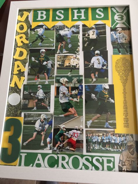 Lacrosse sports board Senior Poster Board Ideas Lacrosse, Lacrosse Senior Night Posters, Sports Shadow Boxes, Lacrosse Senior Pictures, Poster Board Ideas, Box Lacrosse, Senior Poster, School Memories Scrapbook, College Lacrosse