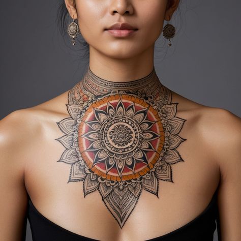 Colorful Sacred Geometry Tattoo, Women's Neck Tattoo Design, Geometric Throat Tattoo For Women, Rose Throat Tattoos Women, Geometric Chest Tattoo, Feminine Throat Tattoos, Woman Chest Tattoo, Geometric Throat Tattoo, Trend Tattoos