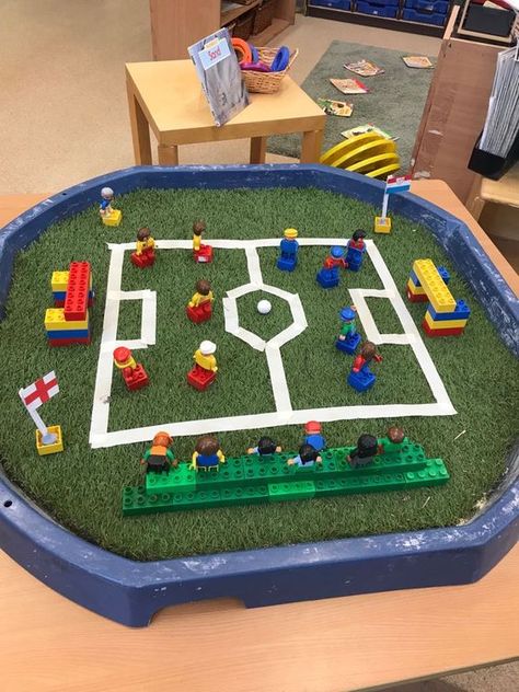 Euros Activities For Kids, Father's Day Tuff Tray Ideas, Football Tuff Tray Ideas, Football Tuff Tray, Euros 2024 Football Activities, Sports Tuff Tray Ideas, Sports Day Eyfs, Sports Eyfs Activities, Small World Ideas Eyfs