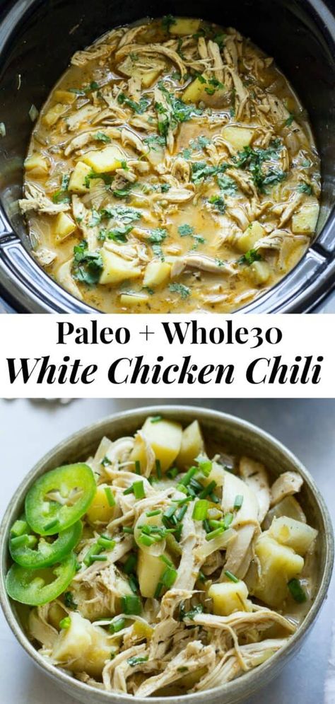 This slow cooker paleo white chicken chili with sweet potato is an easy, all in one healthy Paleo and Whole30 meal for any night of the week!  Great to makes ahead and pack for lunches too. Kid approved, gluten free, dairy free and a blog favorite. #paleo #cleaneating #whole30 Whole30 White Chicken Chili, Paleo White Chicken Chili, Chili With Sweet Potato, Sweet Potato Paleo, Whole 30 Soup, White Chicken Chili Recipe Crockpot, Slow Cooker White Chicken Chili, White Chicken Chili Slow Cooker, Chicken Chili Crockpot